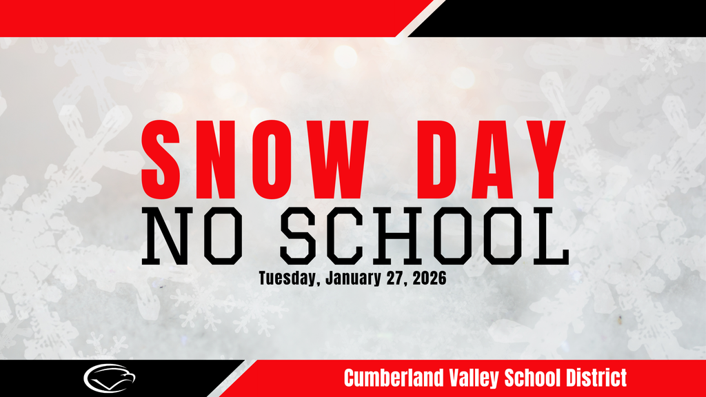 Decorative image with red, black, and white colors and snowflakes in the background. Text reads "Snow Day. No School. Tuesday, January 27, 2026."