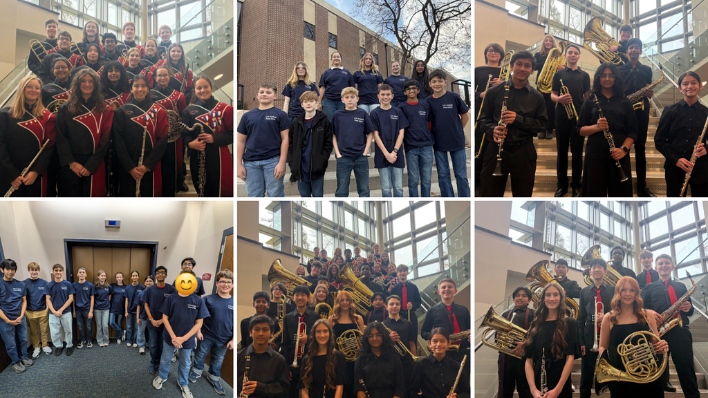 Collage of CV band students at various band events.