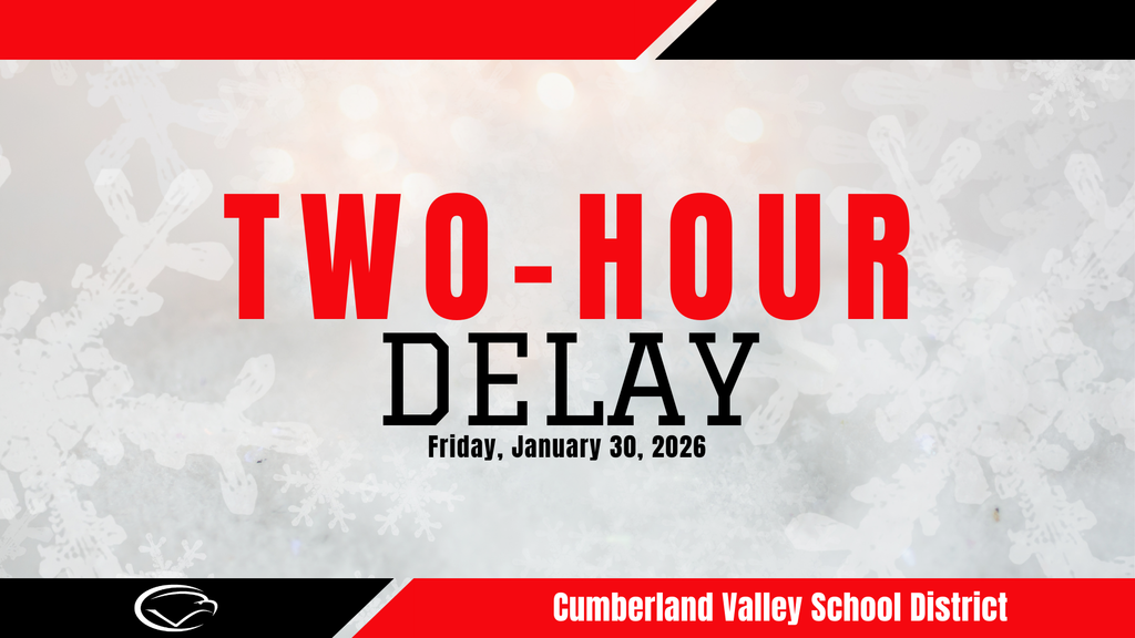 Decorative image with red, black, and white colors. Text reads "Two-Hour Delay. Friday, January 30, 2026."