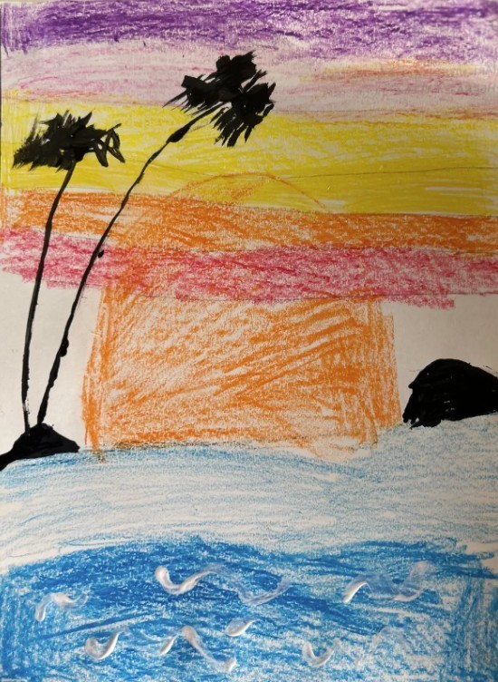 Hand drawn photo of sunset and beach scene.