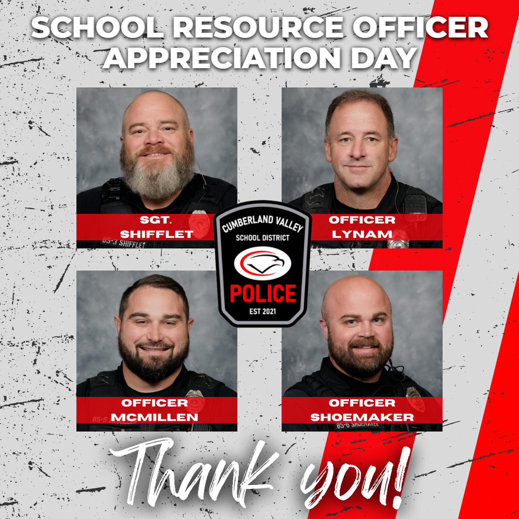 Decorative image with red, black, and white colors. Text reads "School Resource Officer Appreciation Day. Thank you." And shows images of four CV School Resource Officers.