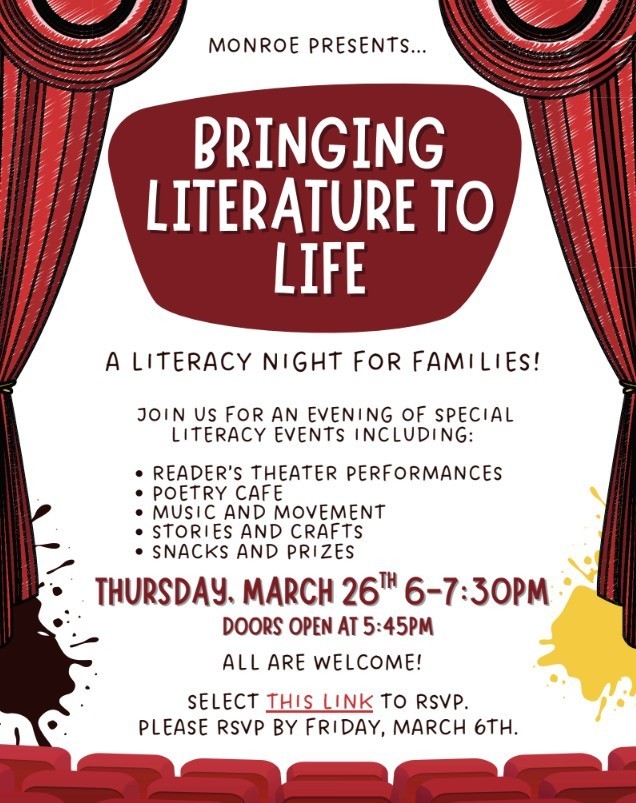 Flyer announcing a literacy night for families, including red curtains and theatre seats.