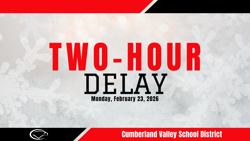 Decorative image with red, black, and white colors with text that reads "Two-Hour Delay. Monday, February 23, 2026."