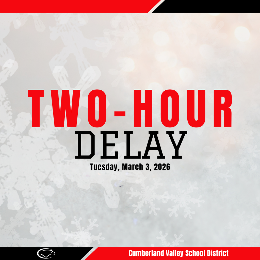 Decorative image with red, black, and white colors. Text reads "Two-Hour Delay. Tuesday, March 3, 2026."