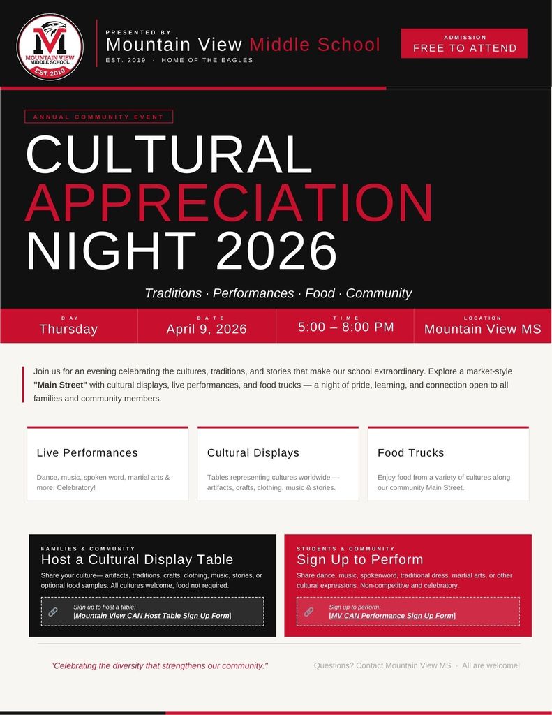 Flyer for Cultural Appreciation Night at Mountain View Middle School. Event details: Thursday, April 9, 2026, 5:00–8:00 PM. Free to attend. Features include cultural display tables, live performances, and food trucks. Families and community members can sign up to host a cultural display table at forms.gle/2BLHeujwVNmSV4rw9. Students and community members can also sign up to perform. Flyer is red, white, and black and includes the Mountain View Middle School circular logo.