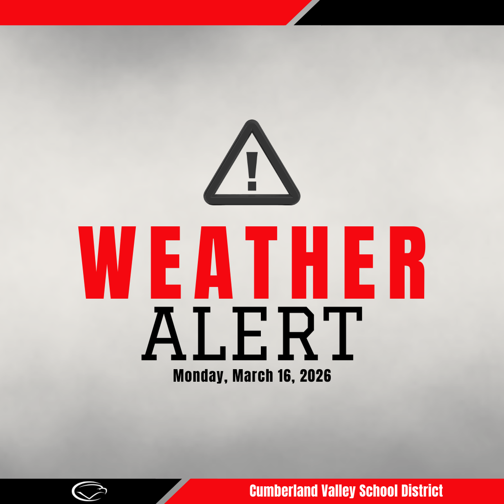 Decorative image with red, black, and white colors along with a warning symbol and text that reads "Weather Alert. Monday, March 16, 2026."
