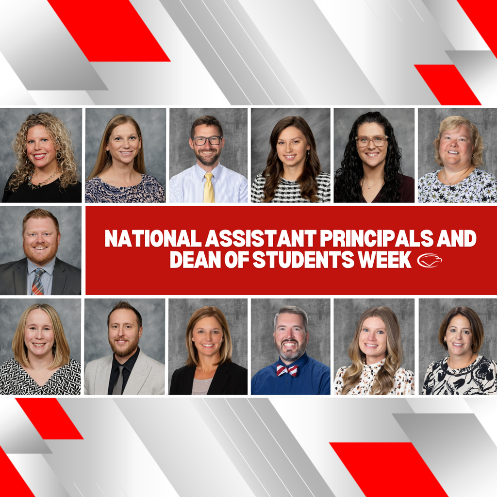 Decorative image with red, gray, and white colors with 13 images of staff, celebrating National Assistant Principals and Dean of Students Week.