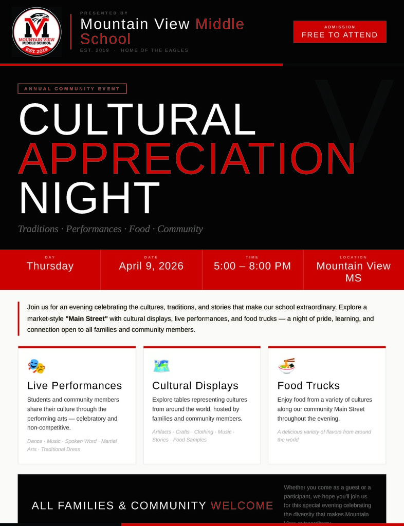 Join us on Thursday, April 9th from 5:00–8:00 PM at Mountain View Middle School for our annual Cultural Appreciation Night! Enjoy live performances, cultural display tables, and food trucks as we celebrate the incredible diversity of our school community. Admission is FREE and all families and community members are welcome. We hope to see you there! 