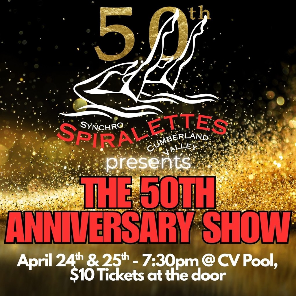 Decorative image promoting CV's Synchro Spiralettes' 50th anniversary show on April 24-25 at 7:30 PM at the CV Natatorium. Tickets are $10 at the door.