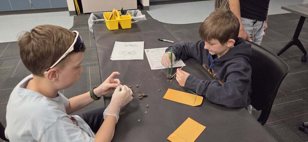 Students dissect owl pellets at a table during Middlesex Elementary’s 5th grade Environmental Ed Day.