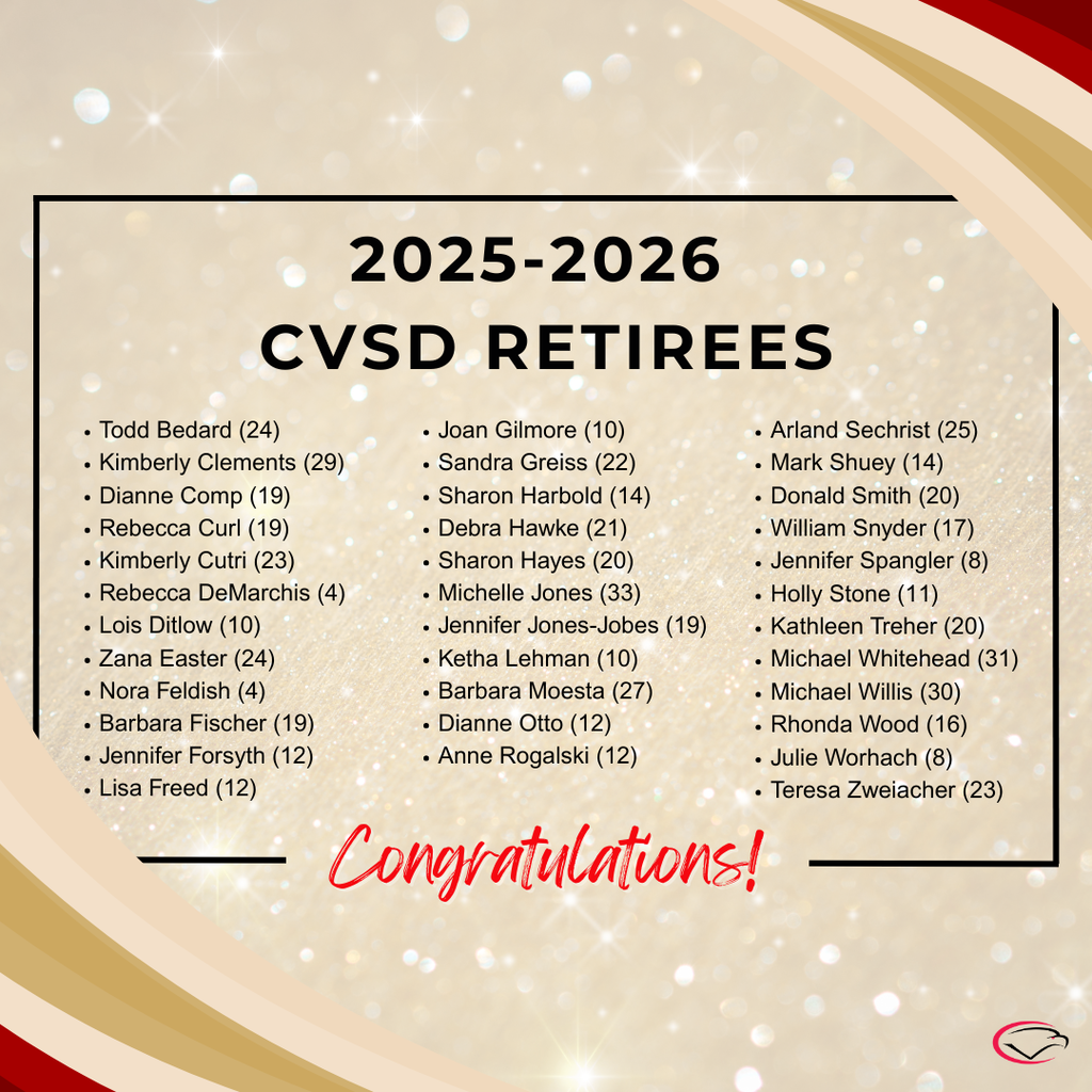 Graphic announcing “2025–2026 CVSD Retirees,” with a gold glitter background, a three-column list of staff names and years of service, and “Congratulations!” in red script at the bottom.