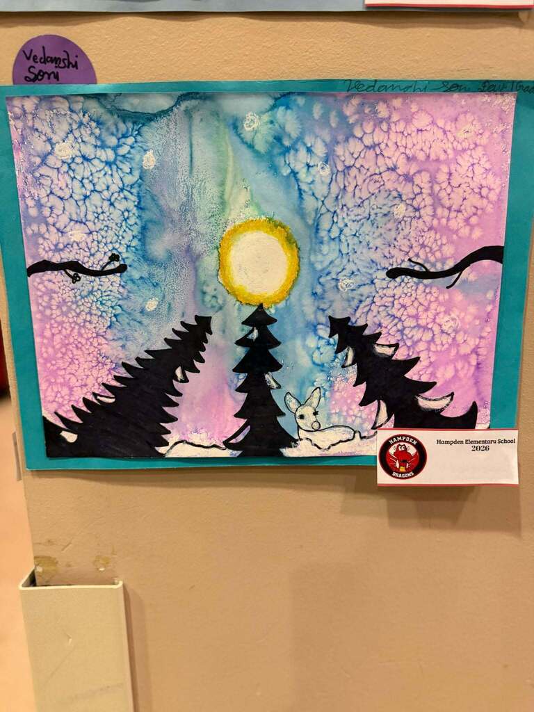 Student artwork showing a bright moon over silhouetted trees and a deer against a colorful sky, labeled Hampden Elementary School 2026.