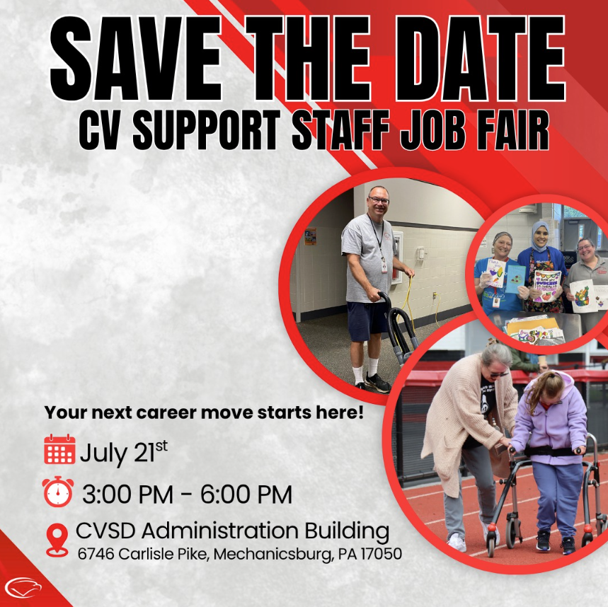 Save the Date flyer for the CV Support Staff Job Fair on July 21 from 3–6 p.m. at the CVSD Administration Building.