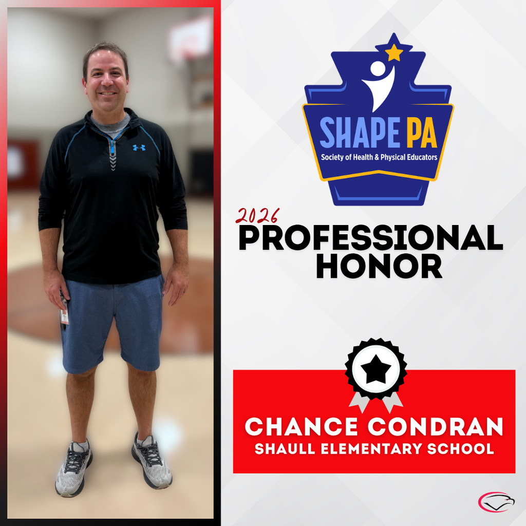 Graphic recognizing a SHAPE PA 2026 Professional Honor recipient, featuring a photo of an educator and the text “Chance Condran, Shaull Elementary School.”