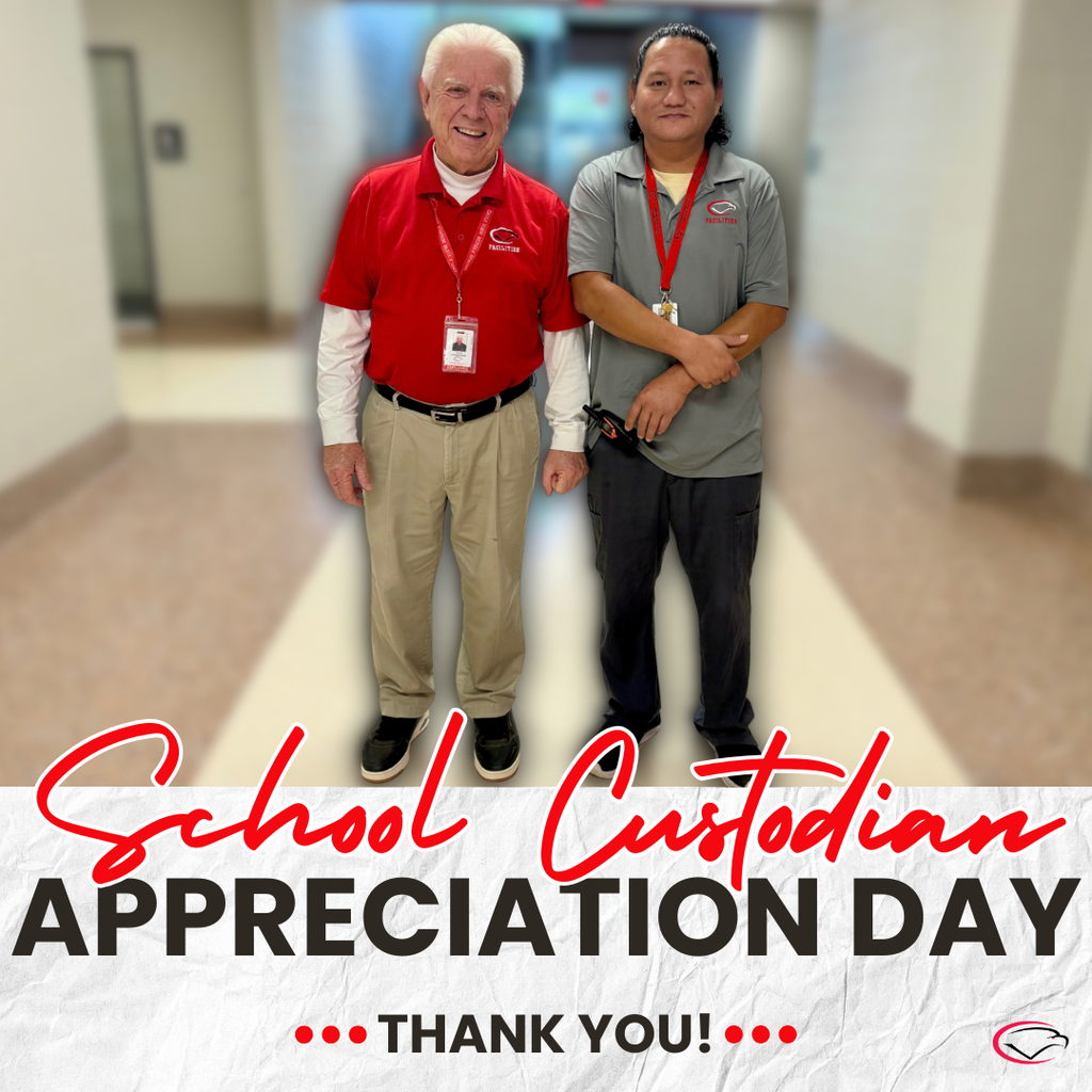 Two Eagle View Middle School custodians stand together above the words “School Custodian Appreciation Day. Thank you!
