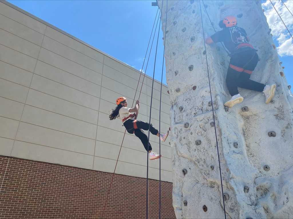 Students climbing a wall