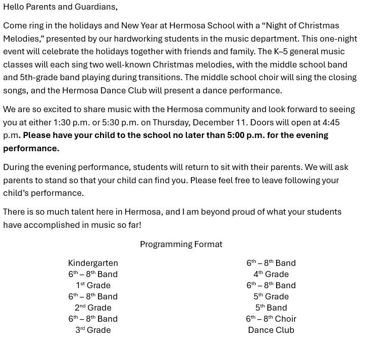 Christmas Program Letter to Parents