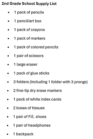 2nd Grade Supply List