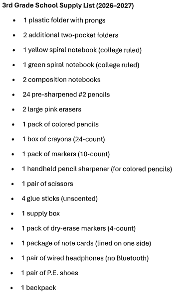 3rd Grade Supply List
