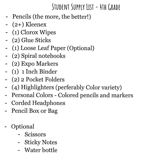 4th Grade Supply List