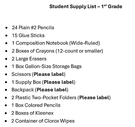 1st Grade Supply List