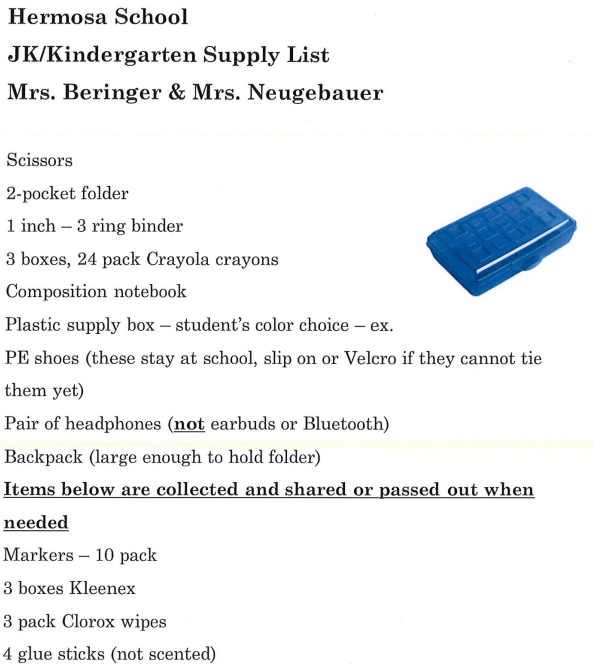 JK/Kindergarten Supply List