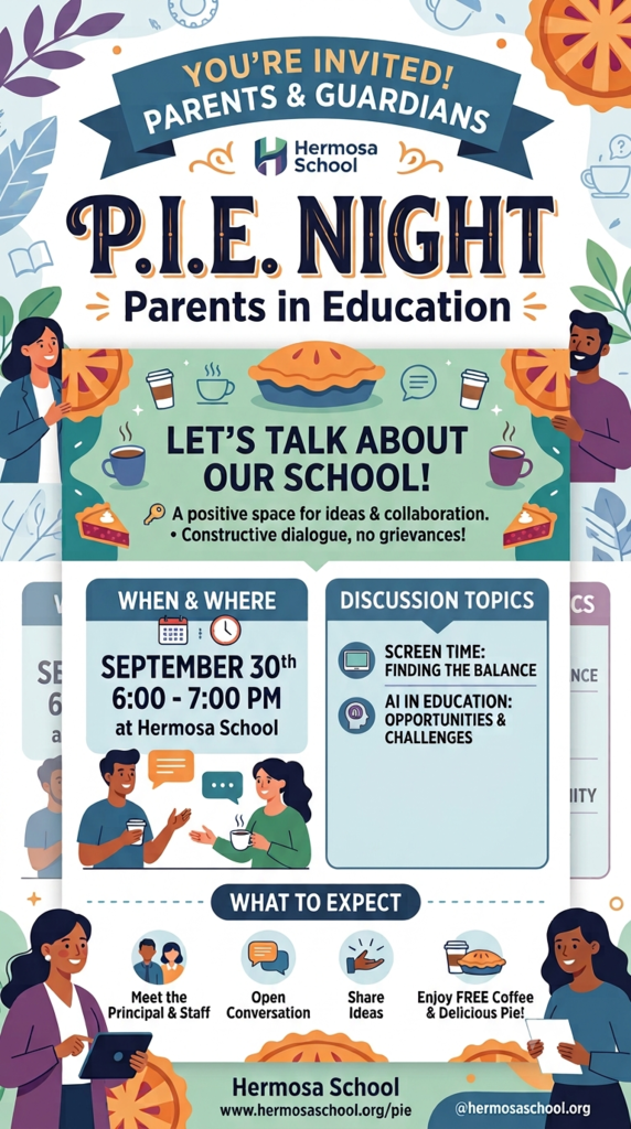 Parents in Education Night on September 30 from 6:00-7:00 PM.