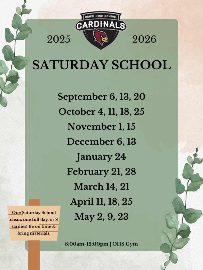 2025-2026 Orosi High School Saturday Schedule 
