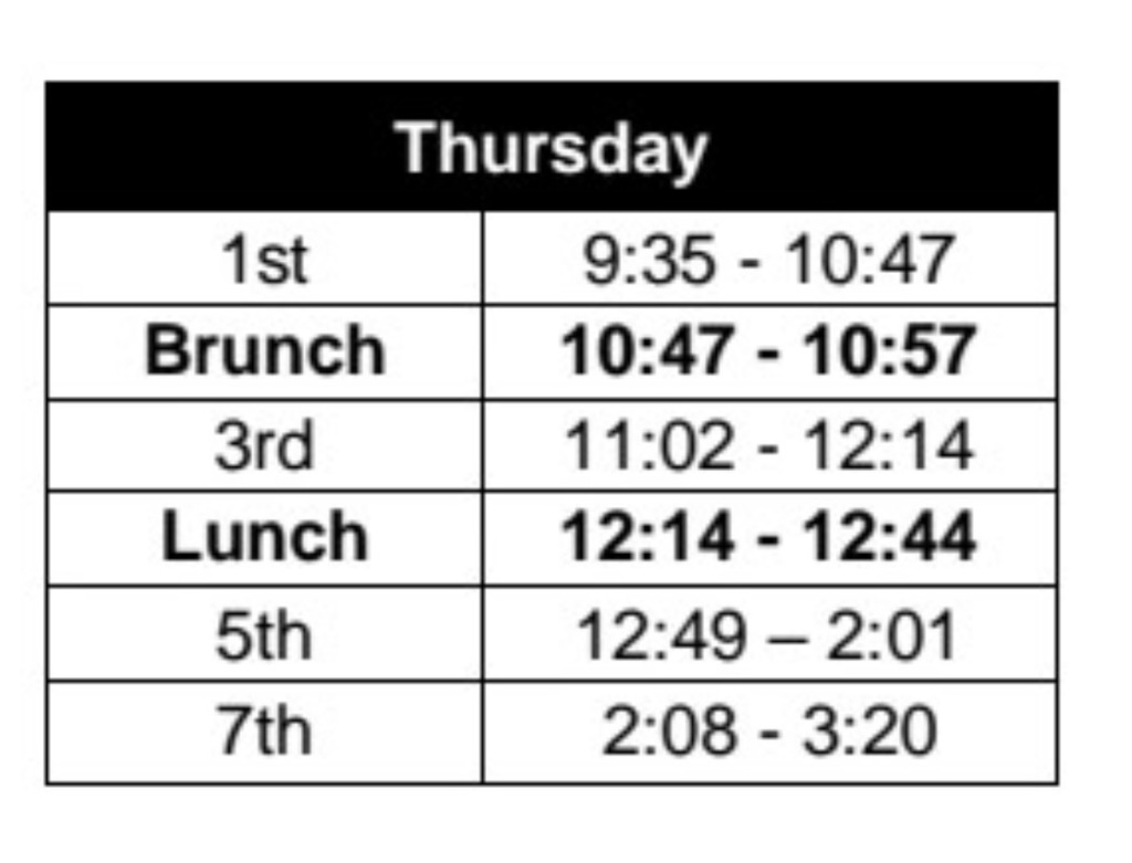 Foggy Day bell schedule for a Thursday 