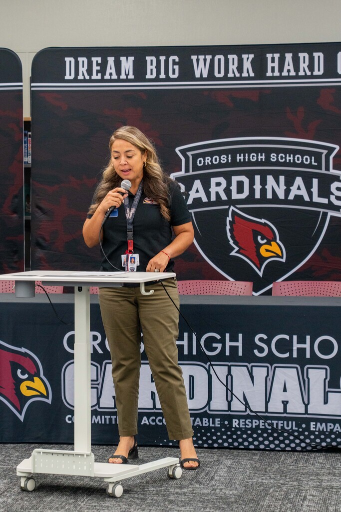 Marisol Rodriguez, Community School Coordinator, speaking at the secondary redesign hosted by OHS 