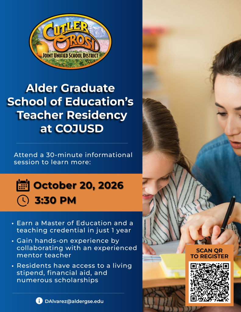 Pictured is a teacher and student promoting a Master of Education and a teaching credential in just 1 year with the Alder GSE Teacher Residency at Cutler-Orosi JUSD. You will learn alongside an experienced mentor teacher, with access to a living stipend, financial aid, and scholarships.