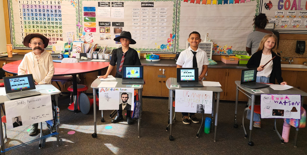 Pictured left to right: Michael (Mikey) Cichocki as Teddy Roosevelt, Ryan Baur as Abraham Lincoln, Isaiah Boggan as Dr. Martin Luther King, and Skyler Gilbert as Emma Watson.