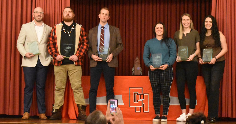 Athletic Hall of Fame incutees left to right:  Zacary  Lowther, Jordan Martin, Brandon Eddy, Lauren Goetz, Jenna Stegmaier, and Meridith Chopka