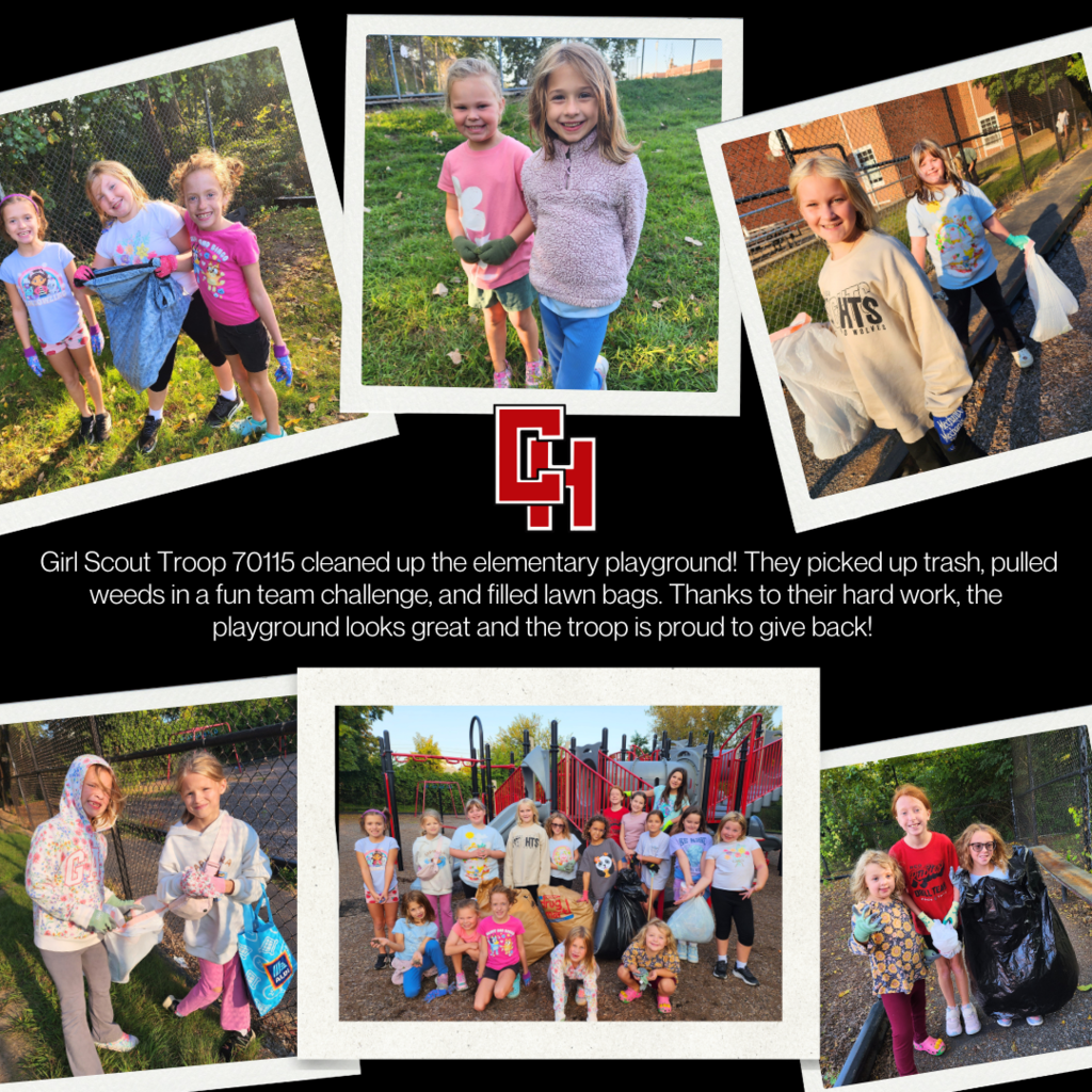 Girl Scout Troop 70115 cleaned up the elementary playground! They picked up trash, pulled weeds in a fun team challenge, and filled lawn bags. Thanks to their hard work, the playground looks great and the troop is proud to give back! 