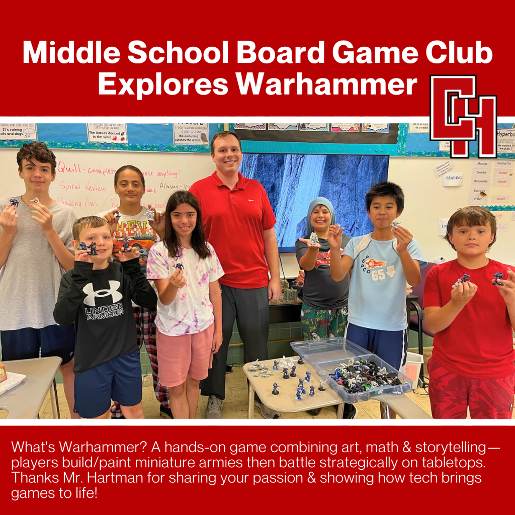 Middle School Board Game Club got a special intro to Warhammer from Mr. Hartman this month! Students learned the tabletop strategy game, got free miniatures to start their own collections, and explored how 3D printing creates custom pieces.
