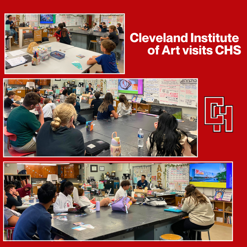 An admissions counselor from the Cleveland Institute of Art visited Cuyahoga Heights art classes to share programs and opportunities. In November, Art 2 students will visit CIA for a campus tour and University Circle experience.
