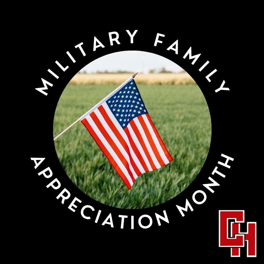 Circular badge design on black background featuring an American flag planted in green grass with a blurred field in the distance. Text curves around the circle reading 'MILITARY FAMILY APPRECIATION MONTH' in white capital letters. A red CH logo appears in the bottom right corner.