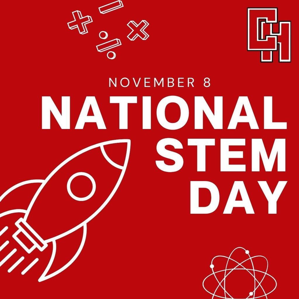 Here's alt text for this image: "Red background graphic with white text reading 'NOVEMBER 8 NATIONAL STEM DAY' in bold letters. White line art decorative elements include mathematical symbols (plus, minus, multiplication, division) in the upper left, a rocket ship on the left side, and an atom symbol in the lower right. A geometric logo appears in the upper right corner.