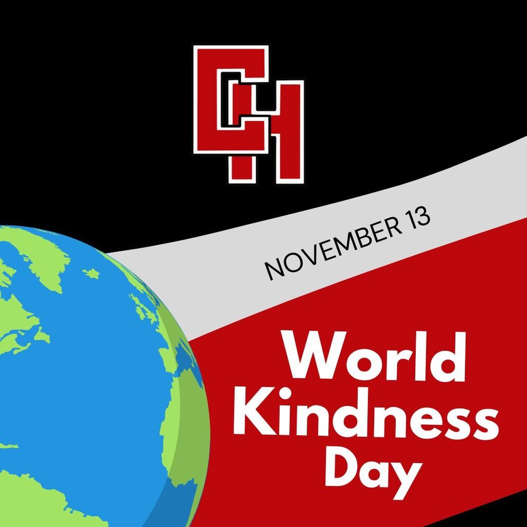 World Kindness Day graphic with black background featuring a partial view of Earth (blue and green globe) on the left side. A diagonal gray stripe crosses the middle with 'NOVEMBER 13' in black text. A red diagonal section on the right displays 'World Kindness Day' in white text. Red CH logo appears in the upper center.
