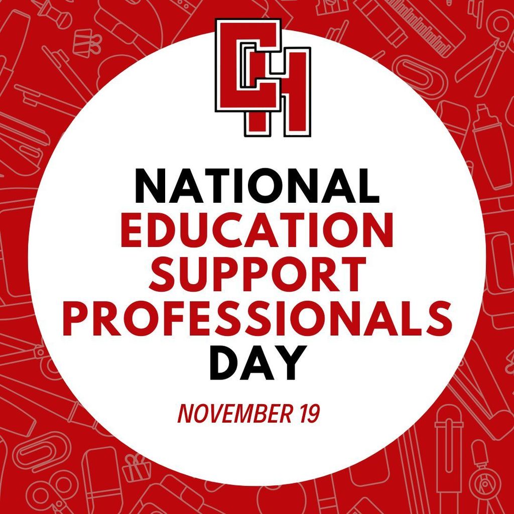 National Education Support Professionals Day graphic featuring a large white circle on a red background decorated with outline illustrations of school supplies including pencils, rulers, paper clips, glue bottles, and other educational items. Red CH logo appears at the top center. Text reads 'NATIONAL' in black, 'EDUCATION SUPPORT PROFESSIONALS' in red, 'DAY' in black, and 'NOVEMBER 19' in red italic text at the bottom