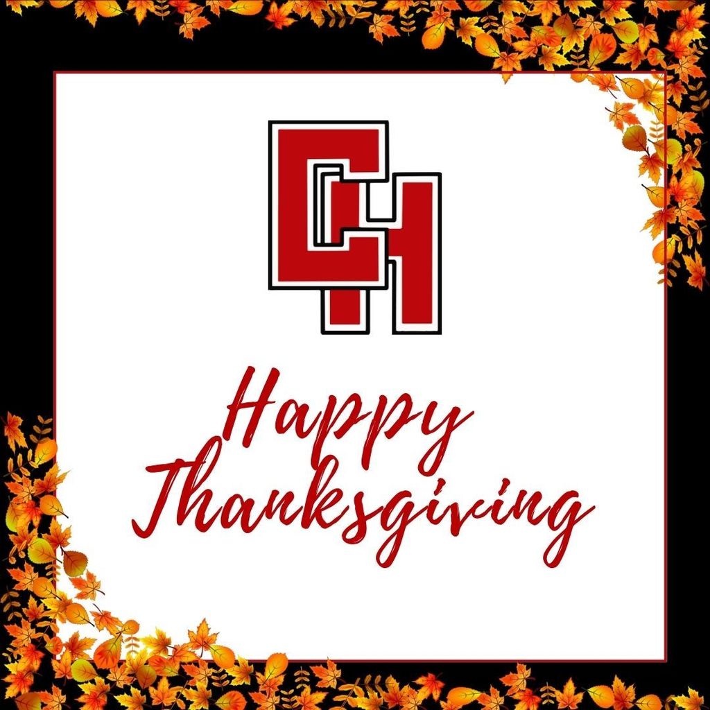 Happy Thanksgiving graphic with white background and red border, surrounded by a decorative frame of autumn leaves in orange, yellow, and red on a black background. Red CH logo appears at the center top, with 'Happy Thanksgiving' written below in red script lettering.