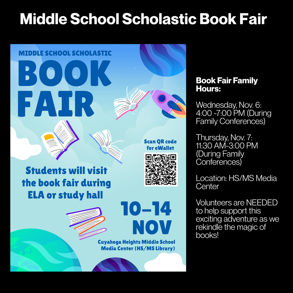 📖 The Middle School Book Fair is almost here! Join us Nov. 6-7 for family shopping hours. Students will visit during class. We need volunteers to make it happen. Volunteer here: https://chspto.ptboard.com/sgnvw?group=&signup=121dbf26-f172-4745-a019-9f77bfeb9e9e~s.9223370275620224778
