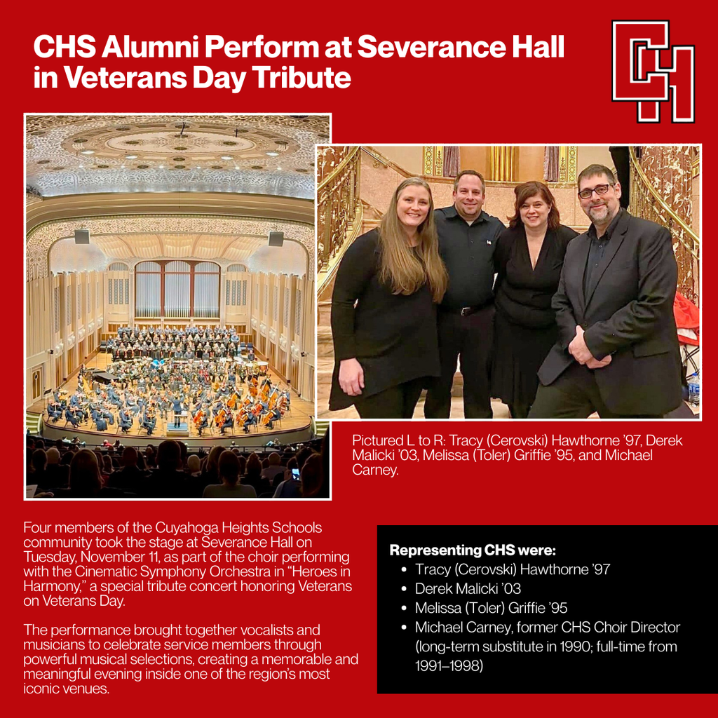 CHS alumni performed at Severance Hall on Veterans Day with the Cinematic Symphony Orchestra in "Heroes in Harmony," a special tribute concert honoring veterans. Proud of our community members! 🎶