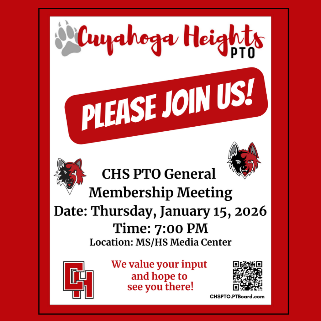 Here's alt text for the graphic: "Cuyahoga Heights PTO meeting invitation with school mascot logos. Text reads: Please join us! CHS PTO General Membership Meeting, Date: Thursday, January 15, 2026, Time: 7:00 PM, Location: MS/HS Media Center. We value your input and hope to see you there! QR code and website CHSPTO.PTBoard.com included.
