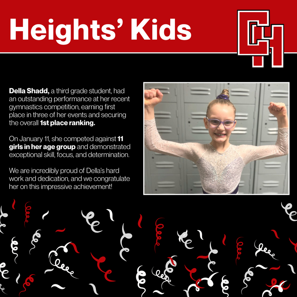 Heights' Kids feature showing third grader Della Shadd celebrating her first place overall ranking at a gymnastics competition. Photo shows Della in a sparkly gymnastics leotard with arms raised victoriously in front of school lockers. Text describes her competing against 11 girls in her age group on January 11 and earning first place in three events. Red, black, and white streamers frame the bottom of the graphic.