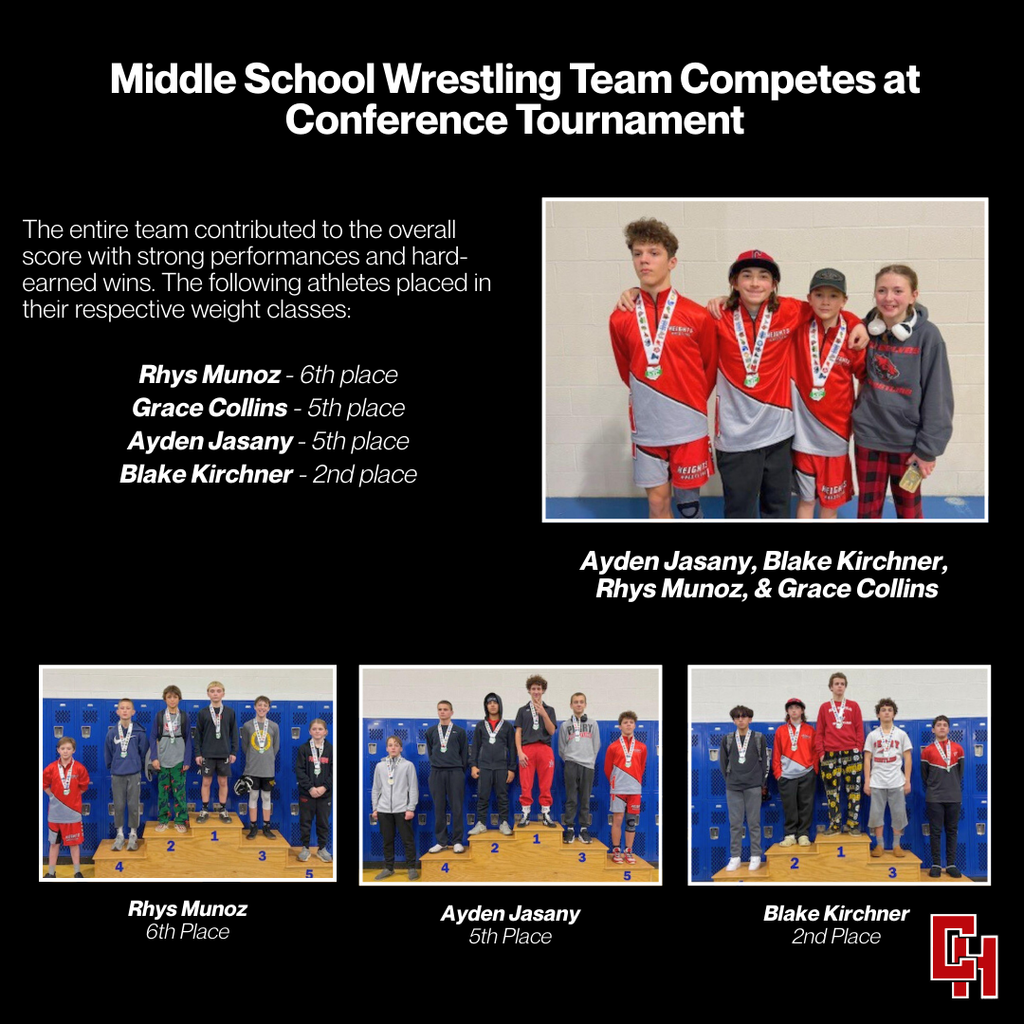 Middle school wrestling tournament recap graphic featuring four medal-winning athletes. Main photo shows Ayden Jasany, Blake Kirchner, Rhys Munoz, and Grace Collins wearing their medals in red and gray team uniforms. Text announces the team's performance at the conference tournament with individual placements: Rhys Munoz 6th place, Grace Collins 5th place, Ayden Jasany 5th place, and Blake Kirchner 2nd place. Three additional photos below show each wrestler on their respective podiums with fellow competitors. Black background with white text and red school logo in bottom right corner.