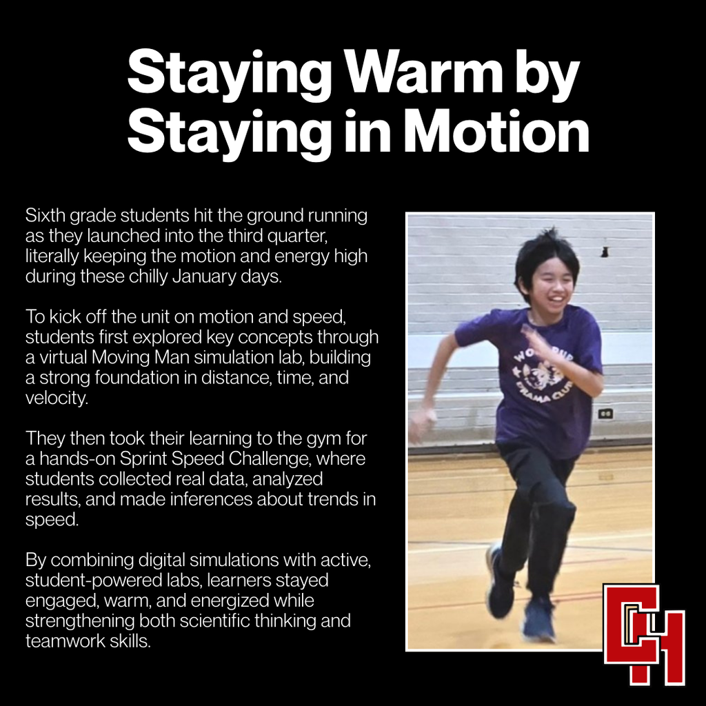 Sixth graders explored motion and speed through a virtual Moving Man simulation, then took learning to the gym for a hands-on Sprint Speed Challenge. Students collected data, analyzed results, and stayed energized!