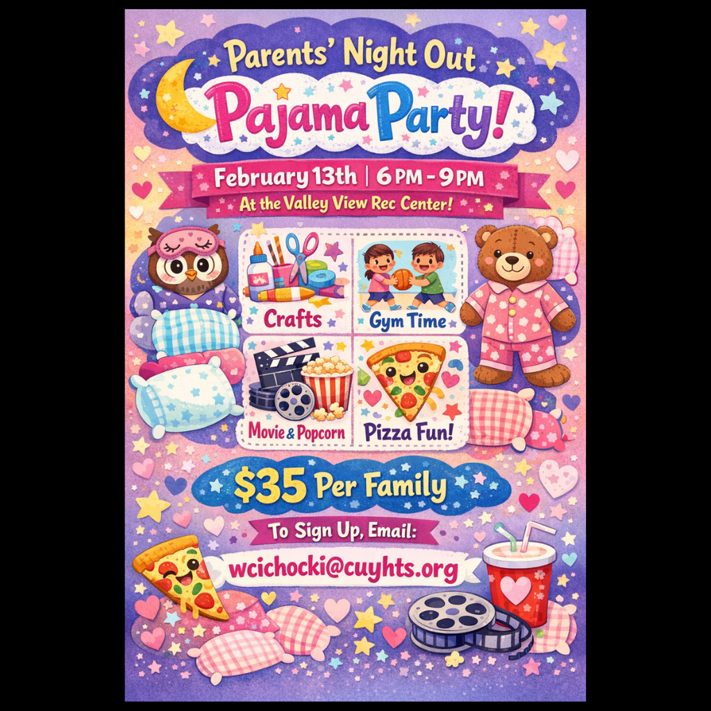 Parents' Night Out - Pajama Party! Kids enjoy supervised activities at Valley View Rec Center while parents take a break. Space is limited. Register today