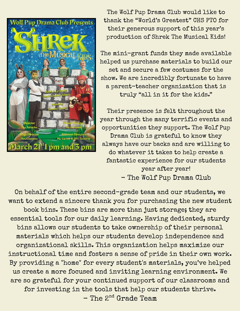 Cuyahoga Heights Schools is grateful for the continued support of the CHS PTO, whose Teacher Mini-Grants are making a direct impact in our classrooms.  Through these grants, teachers and staff have been able to bring new resources, hands-on learning tools, and engaging experiences to students across all grade levels. From literacy materials and math manipulatives to STEM supplies, flexible seating, and even support for student activities and performances, these funds are helping create meaningful learning opportunities every day.  Thank you to our PTO for investing in our students, supporting our educators, and helping bring innovative ideas to life in our schools.