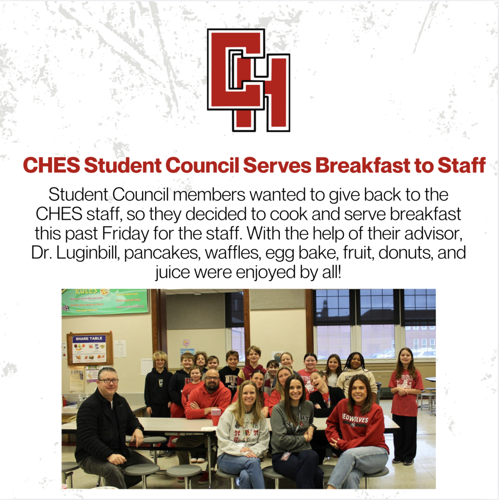 Student Council members wanted to give back to the CHES staff, so they decided to cook and serve breakfast this past Friday for the staff. With the help of their advisor, Dr. Luginbill, pancakes, waffles, egg bake, fruit, donuts, and juice were enjoyed by all!